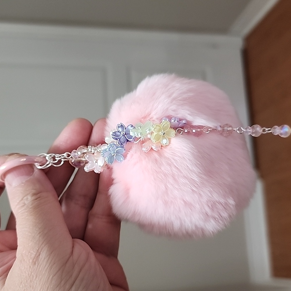 Pink Fluffy Keychain with Floral Accents